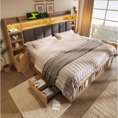 Lit adulte rangement LED 180x200 bois chene tiroirs OKMYHOME (1/5)