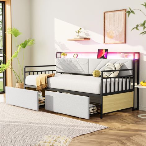 Canapé-lit, en fer, éclairage LED, avec tiroirs, avec étagères, beige, 200 cm, pour maison et usage quotidien, tiroirs et douilles multifonctions