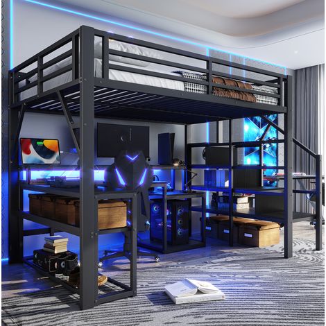 Hochbett 140x200 cm schwarz aus Metall und MDF mit Schreibtisch, LED und USB