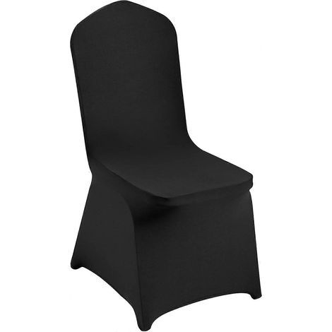 Lot de 10 housses de chaise plates en polyester et élasthanne extensible noires idéales pour les mariages les fêtes et les banquets. (1/5)
