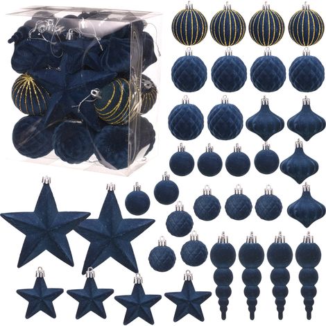 Set mit 36 beflockten Weihnachtskugeln zum Aufhängen am Weihnachtsbaum, 6 cm, marineblau (1/2)