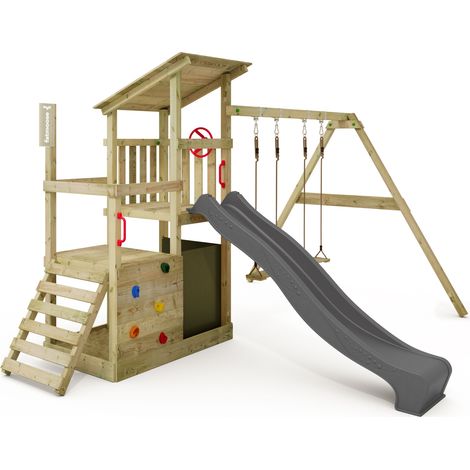 FATMOOSE Spielturm Klettergerüst FruityForest mit Schaukel & Rutsche, Kletterturm mit Sandkasten, Leiter & Spiel-Zubehör - Anthrazit