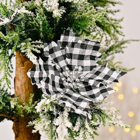 Fleur Artificielle Poinsettia - Motif Tartan Rouge et Noir - Décoration de Noël pour Arbre Sapin Guirlande Intérieur Extérieur - Lot de 1 (1/5)