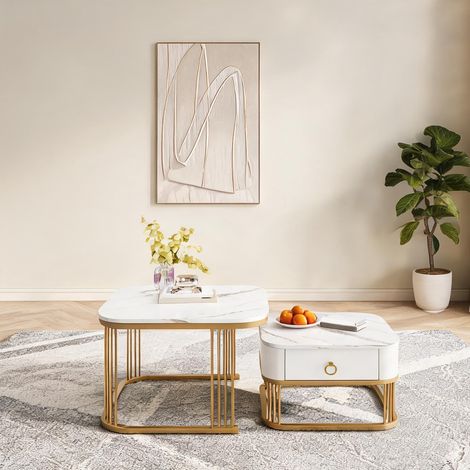 Table basse gigogne blanc et or 2 pièces coloris blanc en MDF (1/5)