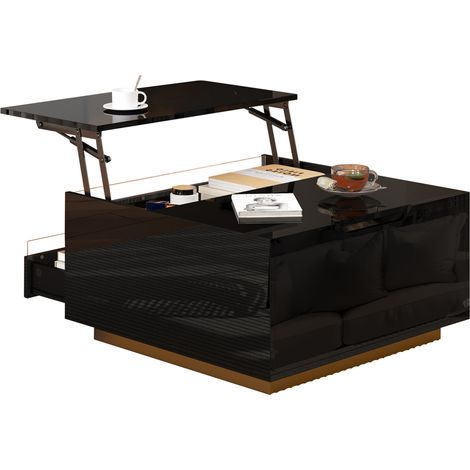 Table basse relevable LED noire 70 x 70 x 38 cm avec tiroir, rangement dissimulé et finition brillante, idéale salon moderne  CHICFURN (1/5)