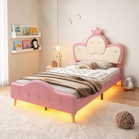 Cadre de lit coloris blanc rose en PU 206,5 x 101 x 112,5 cm (1/5)
