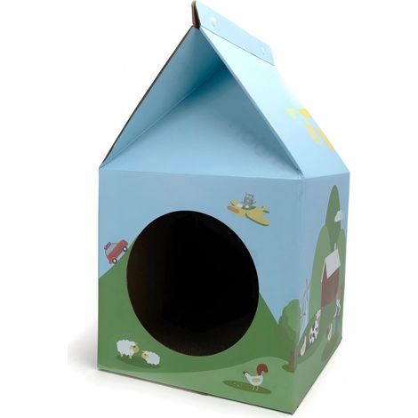 Maison pour chat en forme de brique de lait avec griffoir, style ferme
