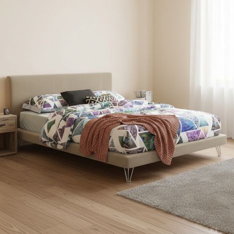 Dmora - Cama matrimonial Dferron, Cama fija en tela con pies, 100% Made in Italy, adecuado para colchón 160x190 cm, Beige (1/4)