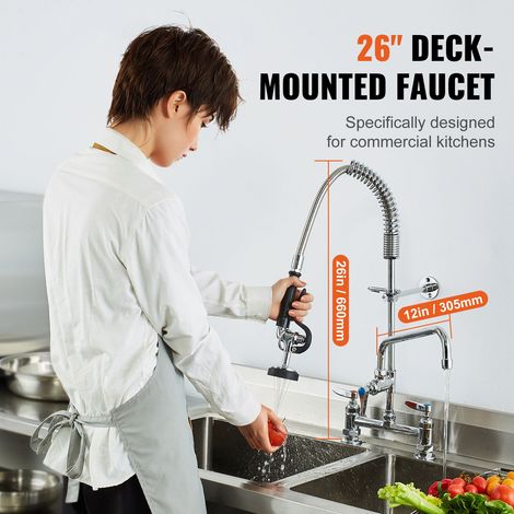 Robinet de cuisine professionnel à pulvérisateur pré-rinçage, 66 cm haut, 20,3 cm entraxe, bec pivotant 30,5 cm, fixation sur plan de travail, laiton avec douche amovible (1/5)