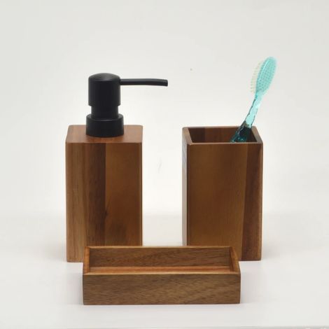 Ensemble de 3 accessoires de salle de bain en bois d'acacia (3 ou 4 pièces) : distributeur de savon, porte-savon, porte-brosse à dents et porte-brosse WC, style nordique. (1/5)