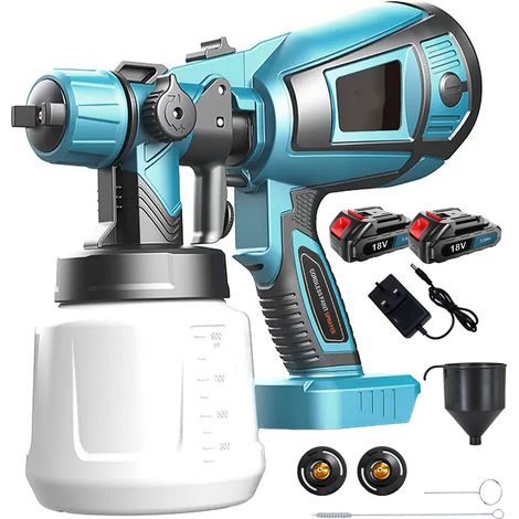Pistolet à Peinture sans Fil avec 2 Batteries de 3000 mAh et Chargeur, récipient de 1000 ML, 3 Buses (1,0/1,8/2,5 mm), buse et Aiguille en cuivre, récipient en PVC Durable – pour Murs, Portes, Bois