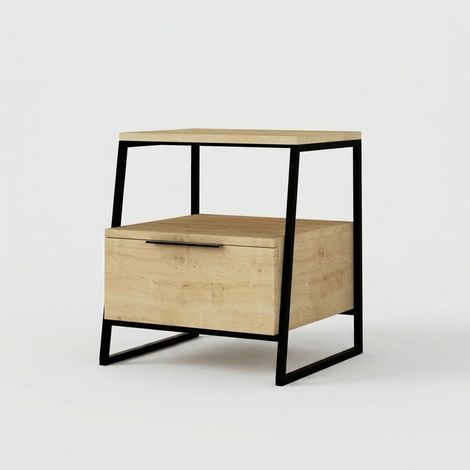 Mesita de noche moderna con cajón y estante de metal Pal - Roble