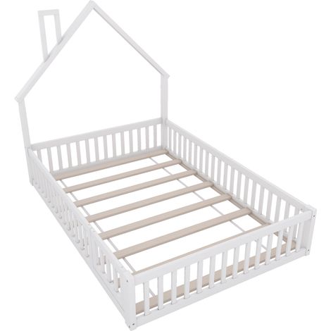 Cama infantil 140 x 200 cm de pino y MDF con forma de chimenea, blanca (1/5)