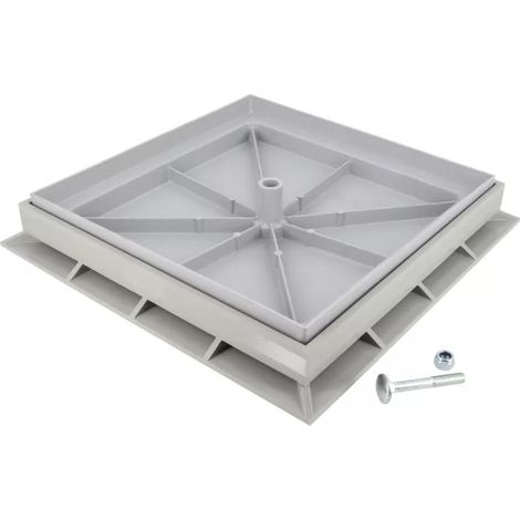 Nicoll – Cadre et coffrage pour regard 300x300mm – Tampon plein à garnir de béton – Fond concave pour enrobage fers à béton – Cadre cornière avec talon (1/3)