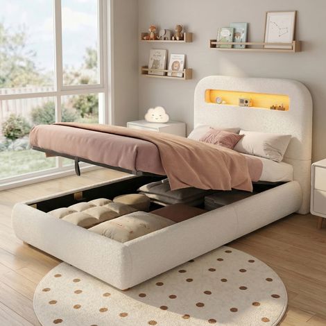 BATDTECH - Cama infantil 90x200 cm, Cama individual con somier, Cabecero con almacenaje hidráulico y luces LED, Patas de madera maciza, Tapizado en bouclé blanco, sin colchón