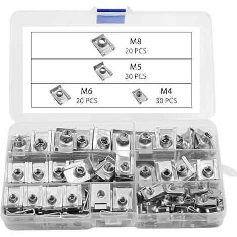 Lot de 100 écrous en tôle Écrous à tôle Kit : Écrous en tôle de type U en acier inoxydable M4 M5 M6 M8 avec boîte de rangement pour réparer les panneaux de porte et les panneaux de toit