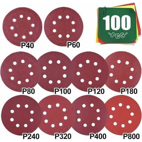 Papier de verre 100, Disque Abrasif 125mm Assorti 40 60 80 100 120 180 240 320 400 800 grain, disques ponçage papier abrasifs ponceuse orbitale pour bois métal verre voiture polissage fin (1/5)