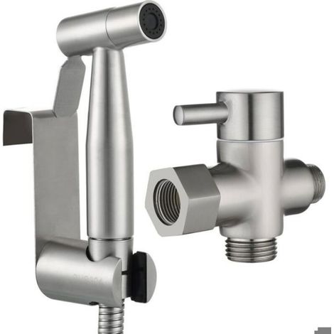 Kit Douchette Wc Acier Inox Douchette à Main Bidet avec Vanne WC 3 Voies 3/8"-12/17 et Tuyau de Douche 1.5m, Idéal pour WC Suspend Z (1/5)