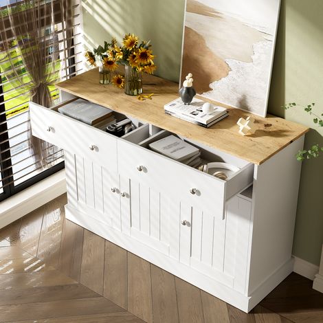 Credenza con 3 Ante e 2 Cassetti, Apertura Push-to-Open, Texture in Rilievo, in Pannello Truciolare, Bianco, 120×36×80,5 cm (1/5)