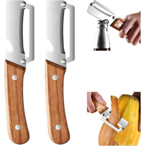 Lot de 2 Eplucheur Multifonction 3-en-1 - Eplucheur Légumes avec Manche en Bois Massif, Eplucheur Polyvalent avec Décapsuleur Intégré & Lame Tranchante pour Éplucher, Trancher (1/5)