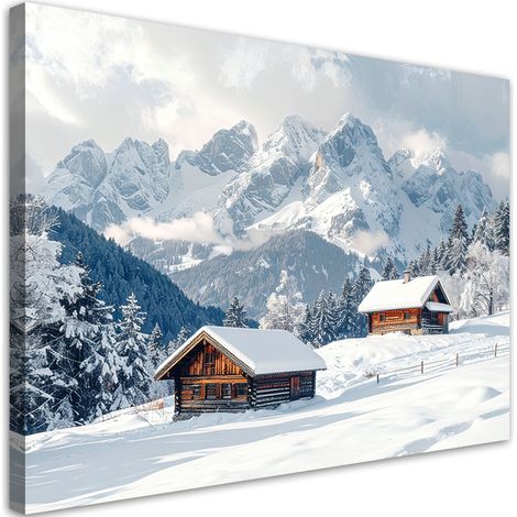 Impresión de Imagen, Paisaje invernal nieve cabañas montaña, 90x60 (1/5)