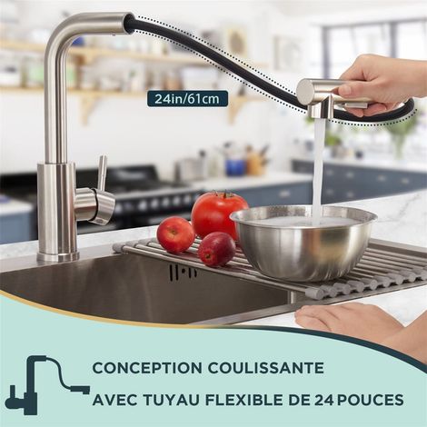 Mitigeur de Cuisine Noir Brossé avec Douchette Extractible Robinet de Cuisine Rotatif à 360° en Acier Inox Eau Chaude et Froide