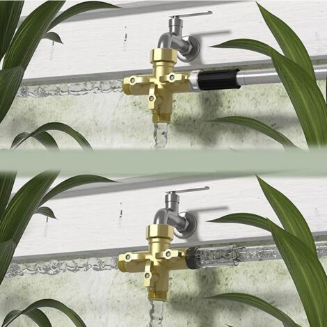 Raccord en T métallique robuste pour tuyau d'arrosage avec vanne d'arrêt, connecteur de robinet à haut débit de 19 mm (3/4 pouce) et 4 joints en silicone supplémentaires. (1/3)