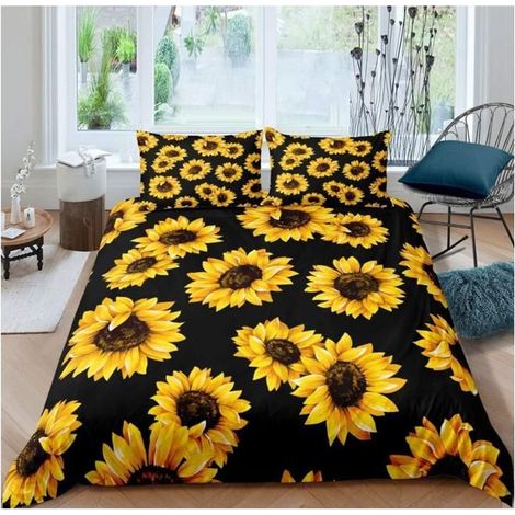 Fleurs 3D Enfants Sets de Housse de Couette Femmes Fleurs Jaunes Parure de Lit Tournesol Motif Floral Réversible 140x200cm - MNJ