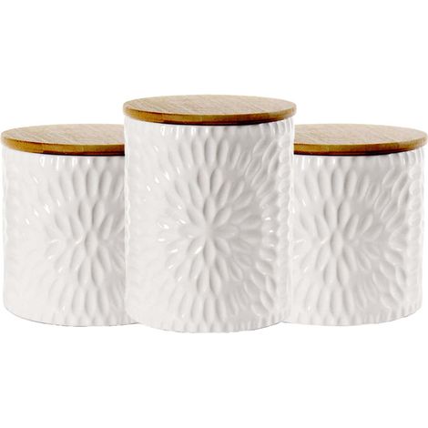 TRIS DI BISCOTTIERE IN CERAMICA CON TAPPO IN LEGNO 2 DA 10X12.5 CM E UNA 13X16 CM BIANCHE (1/5)