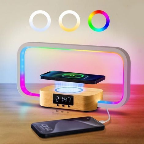 Lampe de Chevet - Chargeur Sans Fil 15 W - Port USB - RGB - Bois Naturel - 7 Couleurs - 1 Unité