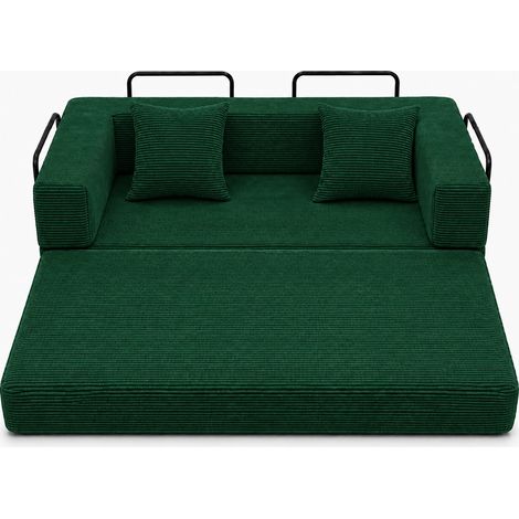 Divano letto pieghevole a pavimento in velluto a coste verde scuro con cuscini e braccioli (1/5)