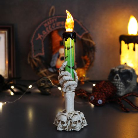 Lampe bougie crâne vert Halloween, bougeoir main fantôme LED sans flamme, ornement créatif pour fête, ambiance décor bar, déco table originale (1/5)