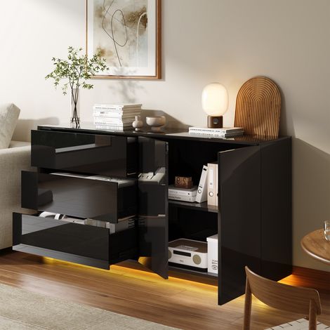 Buffet de rangement 160 x 35 x 76 cm, Meuble tv à 2 portes et 3 tirtors, Console TV avec Réglable LED, Armoire bas tv, Table Télé, pour Salon, Chambre (1/5)