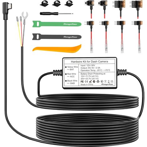 Dash Cam Hardwire Kit, 4m/13.12ft USB-C Power Cord for Car Dashboard Camera Charger 12V-24V to 5V, 3 Cores, 4 Types/8 Adapters and 4 Fuses (1/5)