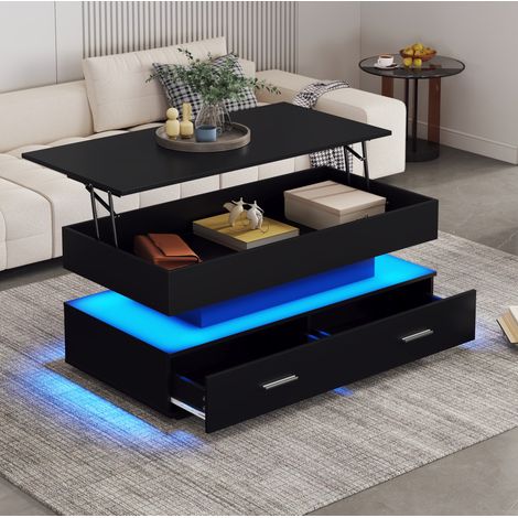 Tavolino da caffè in truciolare nero 100 x 50 cm con piano sollevabile idraulico, LED e 2 cassetti (1/5)