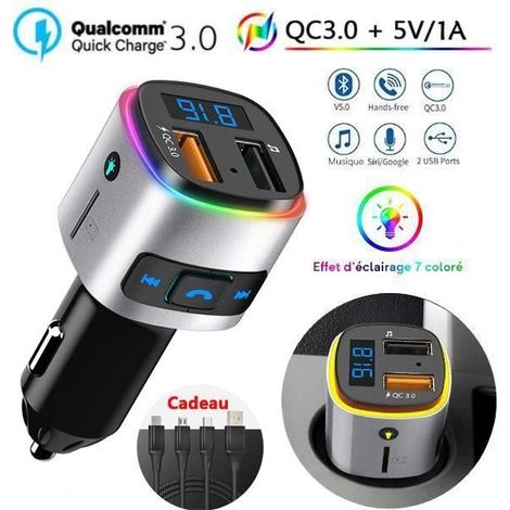 Transmetteur FM Bluetooth, QC3.0 FM Émetteur Main Libre Kit Bluetooth Adaptateur Radio Chargeur de Voiture, Lumière colorée (1/4)