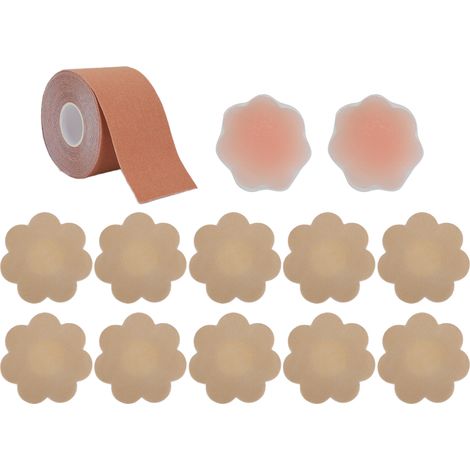 Lot de coussinets mamelons adhésifs respirants et bandes de maintien poitrine, avec protections en silicone et tissu (1/5)