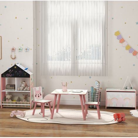 Ensemble table et 2 chaises enfant 60x60x44 cm en bois rose, facile à monter, chambre FloraGrace (1/5)