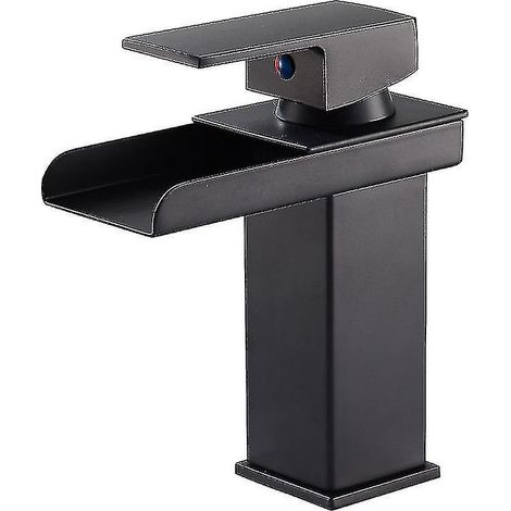 Grifo de baño negro mate con efecto cascada, monomando de latón para lavabo con agua fría y caliente, válvula cerámica, diseño de cascada cóncava. (1/5)