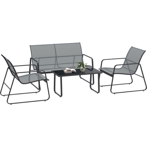Ensemble de Mobilier de Jardin 4 pièces avec Table Basse, Banc 2 Places et 2 Chaises, Métal et Textilène Gris Clair
