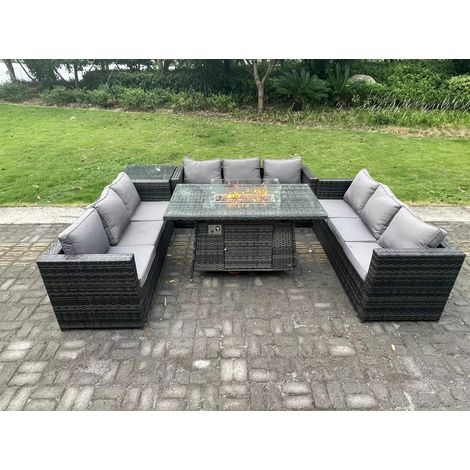 Fimous 9 Seater Rattan Garden Furniture Sofa Set Outdoor Patio Gas Fire Pit Dining Table Gas Heater Burner With Side Table Dark Grey Mixed (1/5)