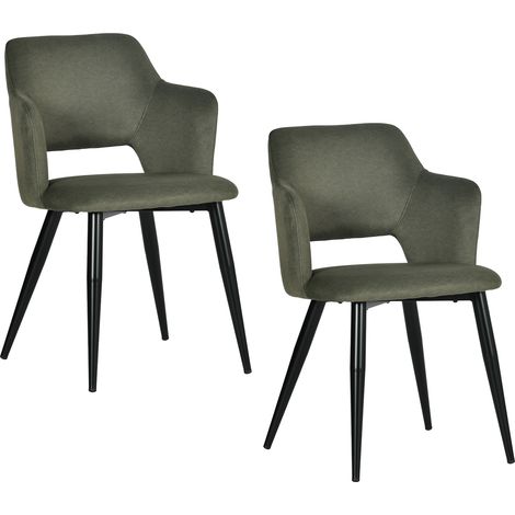 Meubles Cosy Akanji - Set di 2 sedie da pranzo con braccioli in tessuto antigraffio verde, stile scandinavo e gambe in metallo nero
