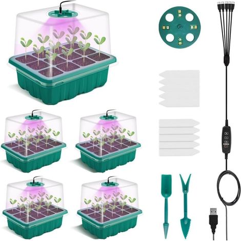 Set mit 5 programmierbaren Mini-Gewächshäusern – Einstellbare Helligkeit – Mit Zeitschaltuhr – Gewächshaus für den Innenbereich mit Deckel und Belüftung – 10 Etiketten, 2 Werkzeuge (1/4)
