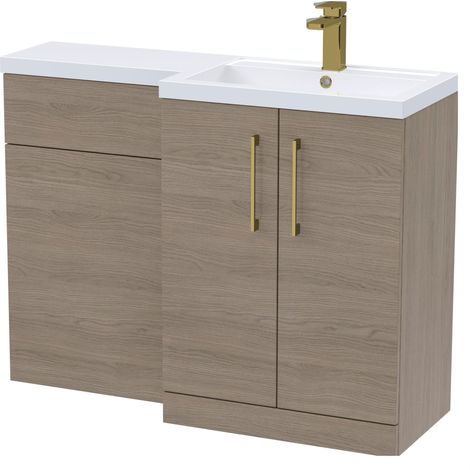 Balterley Right-Hand Bathroom Vanity and WC Unit Combination with Basin - 1100mm - Woodgrain Mid Oak with Brushed Brass Handles