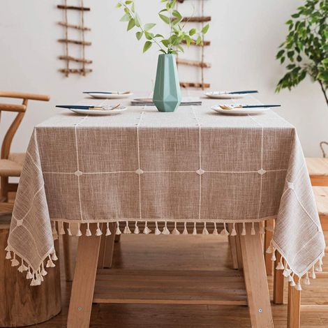 Nappe rectangulaire en coton et lin uni, à carreaux, broderie et pompons, idéale pour la décoration de la table de cuisine ou de salle à manger (140 x 180 cm, à carreaux). (1/5)