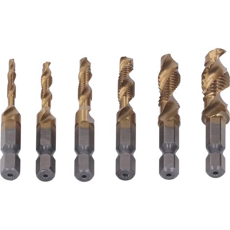 Set aus 6 Gewindebohrern mit spiralförmigem Schaft, Gewindebohrer aus Hochgeschwindigkeitsstahl, vergoldetes Gewindeschneidwerkzeug für Metalle. (1/5)
