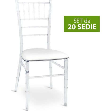 Set da 20 Sedie Chiavarine Trasparenti in Plastica con cuscino similpelle bianco (1/5)