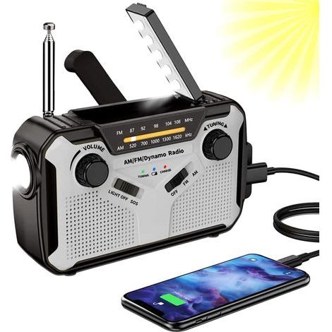 Solar radio, hand-crank AM/FM portable radio, emergency generator with 4000mAh rechargeable battery, LED flashlight, SOS alarm for camping, outdoor/emergency use (grey) (1/5)