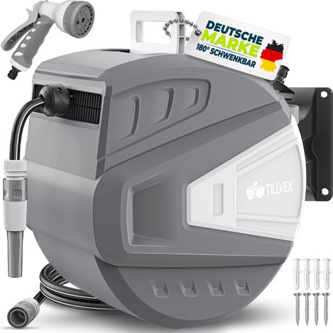 tillvex Schlauchtrommel Wasser 20+2m Grau mit Wandhalterung + Tragegriff Schlauchaufroller mit Handbrause und Gartenschlauch 180° Schwenkbar Wand-Schlauchbox mit Aufroll-Automatik