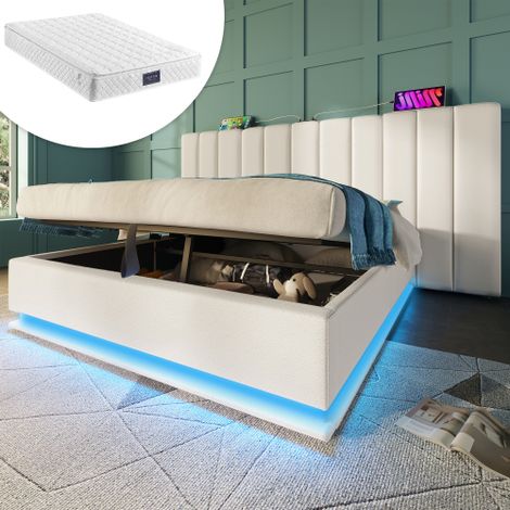 Polsterbett 160×200, Doppelbett Stauraumbett mit App Control LED und USB-C Ladefunktion, Bettgestell mit Lattenrost, PU, Weiß, Mit Matratze, Ohne Nachttisch